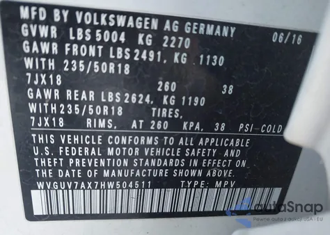 2017 Volkswagen Tiguan 2.0T Sport from USA, damaged, VIN WVGUV7AX7HW504511